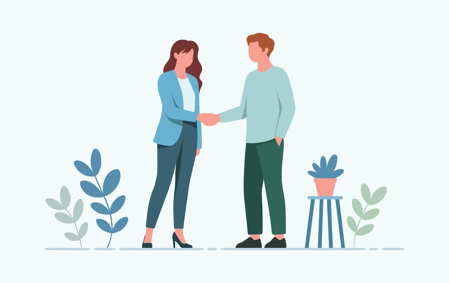 Businesswoman and Man Shaking Hands Blue Green Office Setting Flat Illustration handshake meeting vector