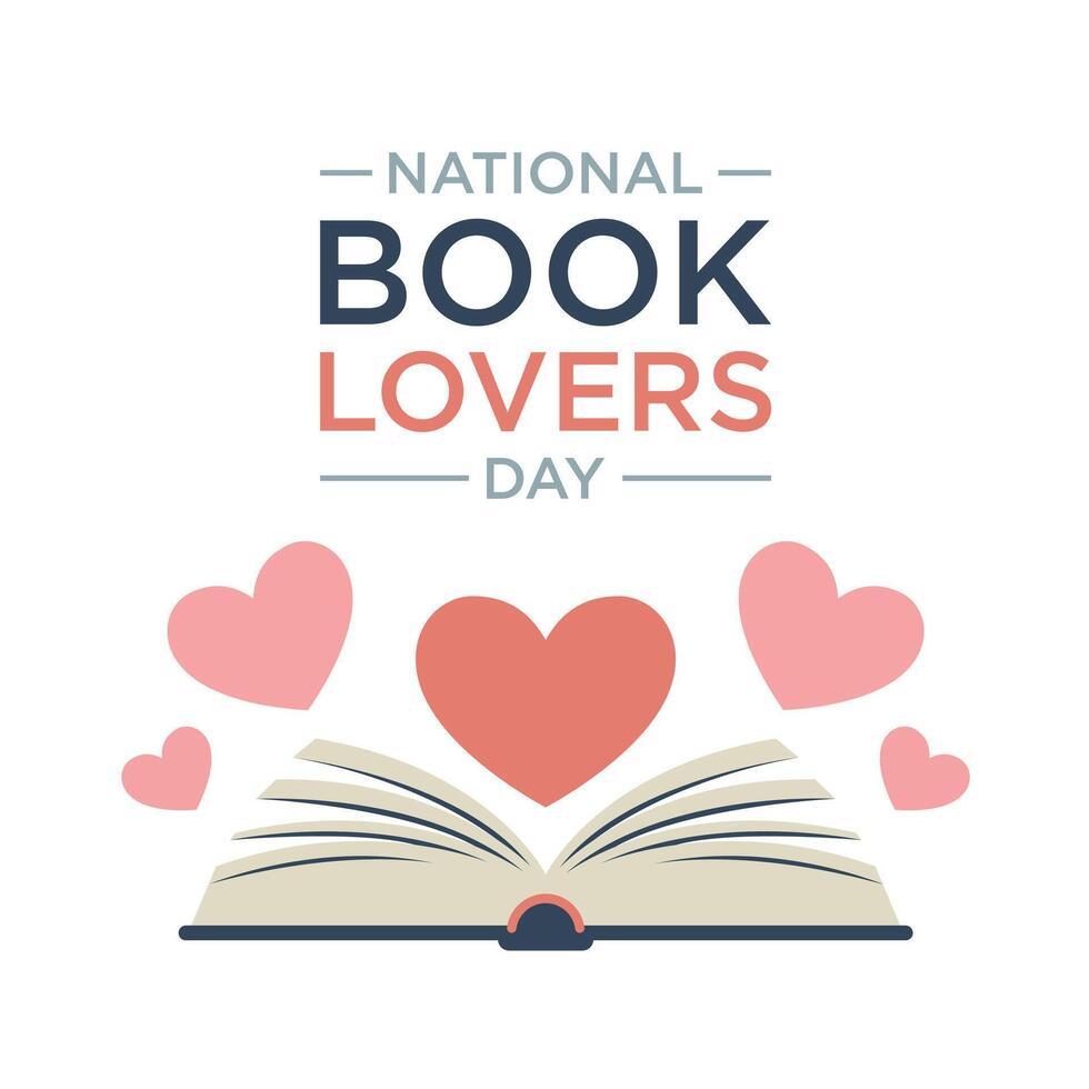 National Book Lovers Day Design Open Book Coral Hearts Beige Pages Dark Blue Spine vector