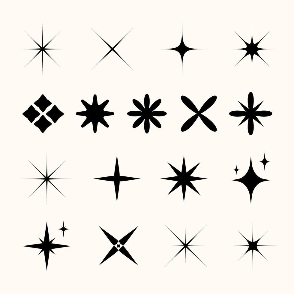 Minimalist Black Star Icons and Sparkle Symbols Pack in Retro Style. set of black star icons featuring sparkle, twinkle, and burst shapes in various symmetrical and abstract styles vector
