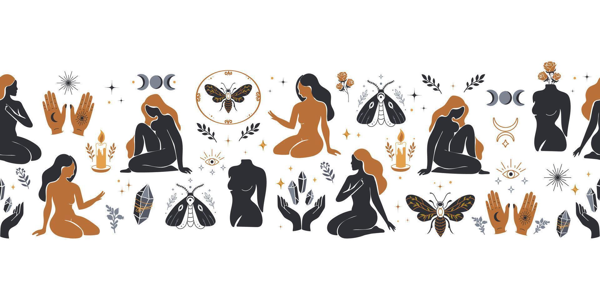 Mystical Bohemian Pattern Border with Female Silhouettes Crystals, Hands, and Moon Phases.Ethnic pattern with female silhouettes, hands, moths, crystals, and botanical elements. illustration vector