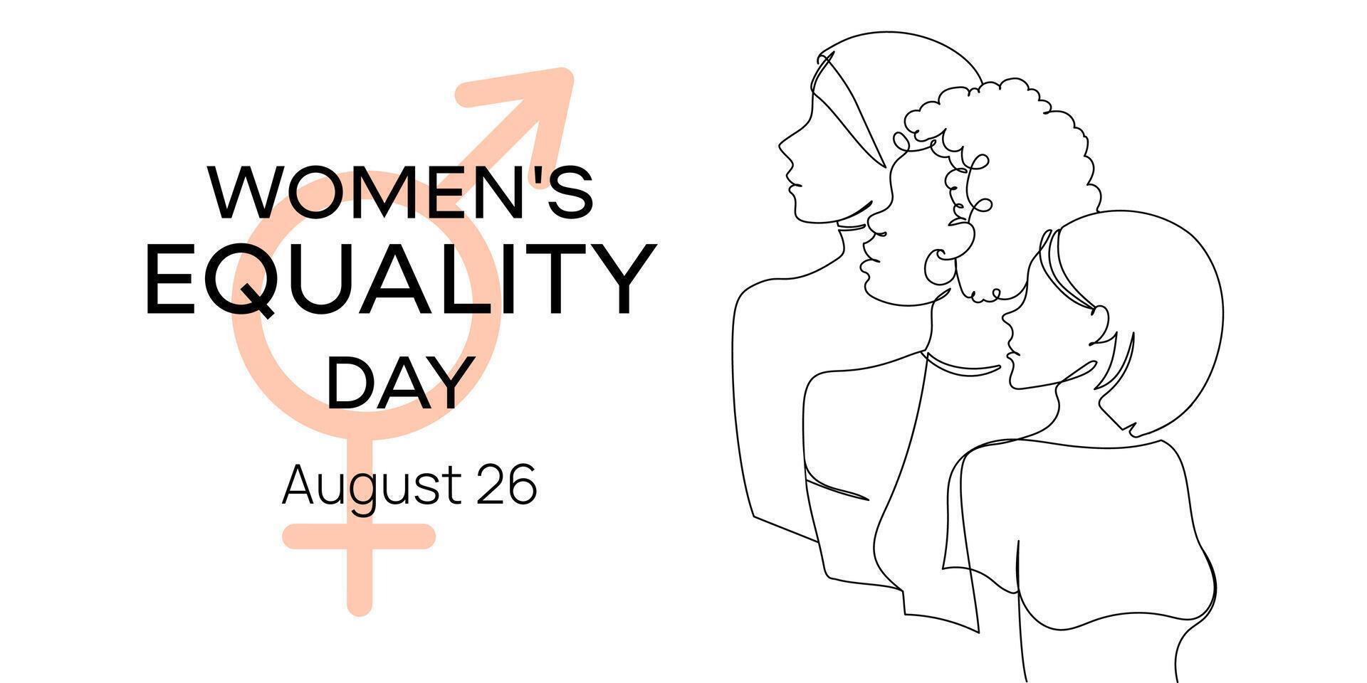 Minimalist line art banner for Women's Equality Day on August 26 featuring diverse female profiles and gender equality symbol, for awareness campaigns, social media posts, posters. illustration vector