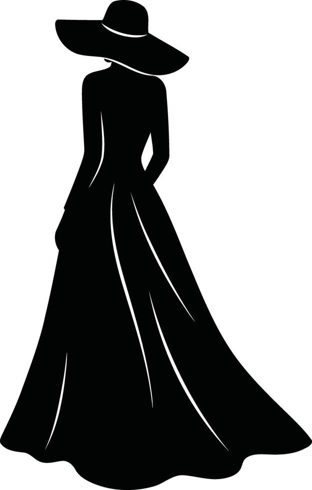 Silhouette of a woman in a long dress and hat vector