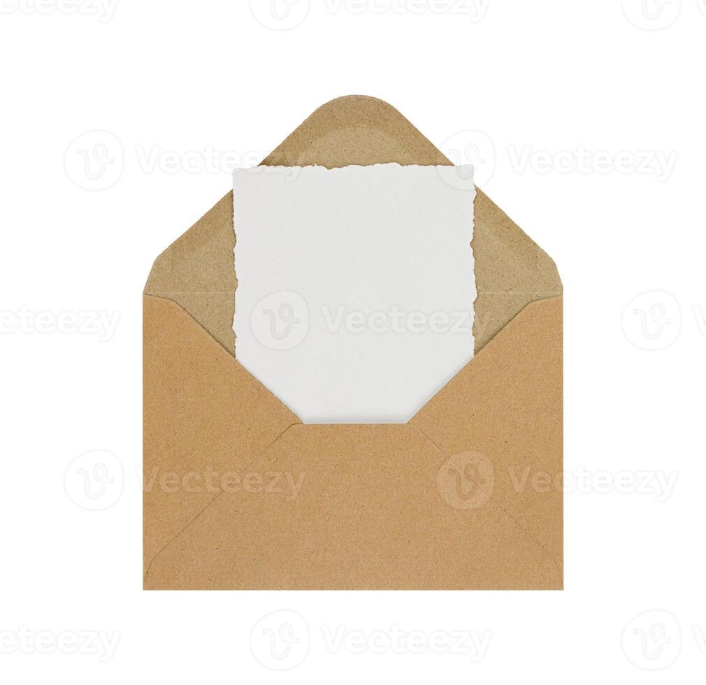 Envelope. Kraft paper with blank card isolated on white background. Copy space. Stock photo. photo