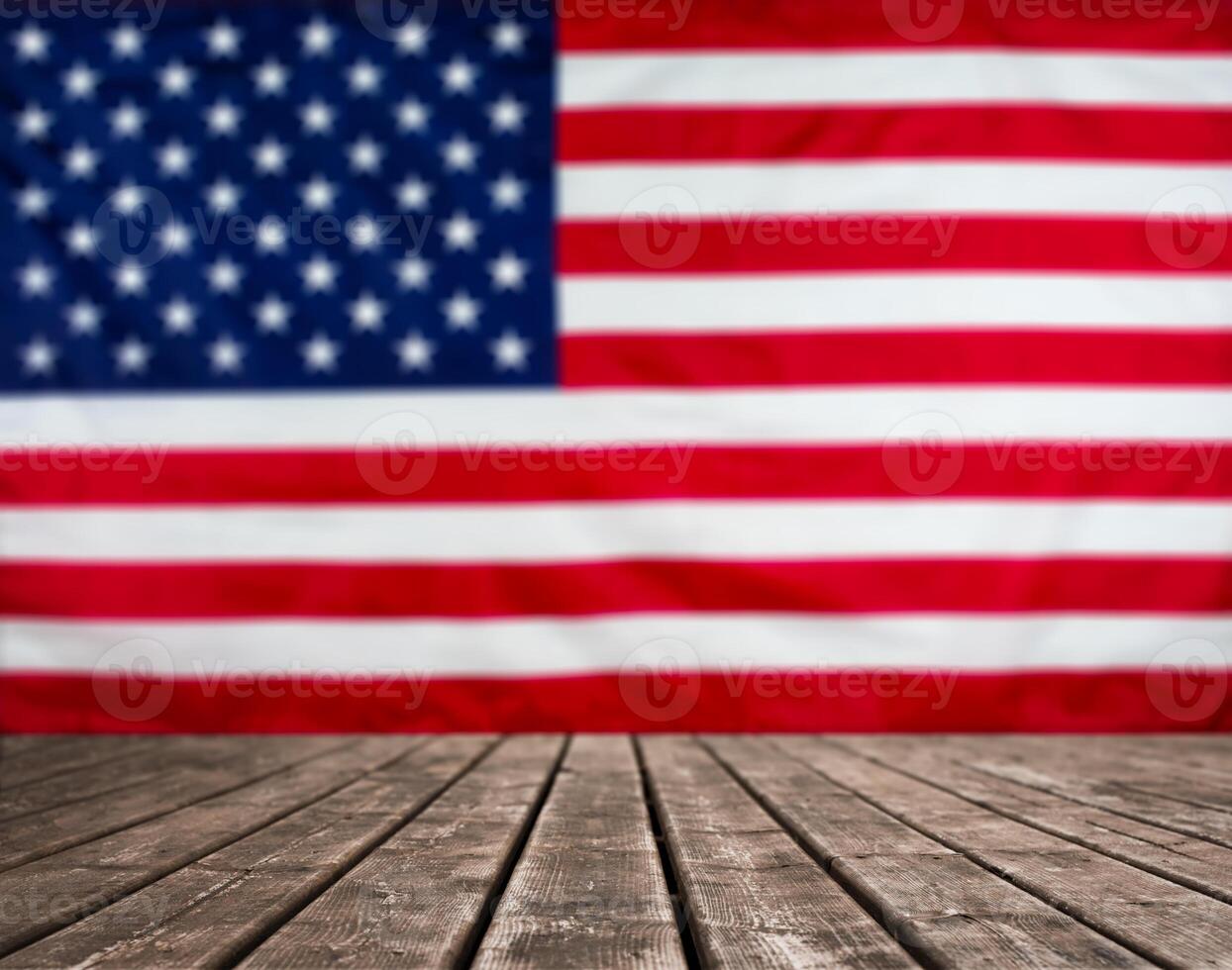 Wooden Table. Blurred American flag background with copy space. Stock photo. photo