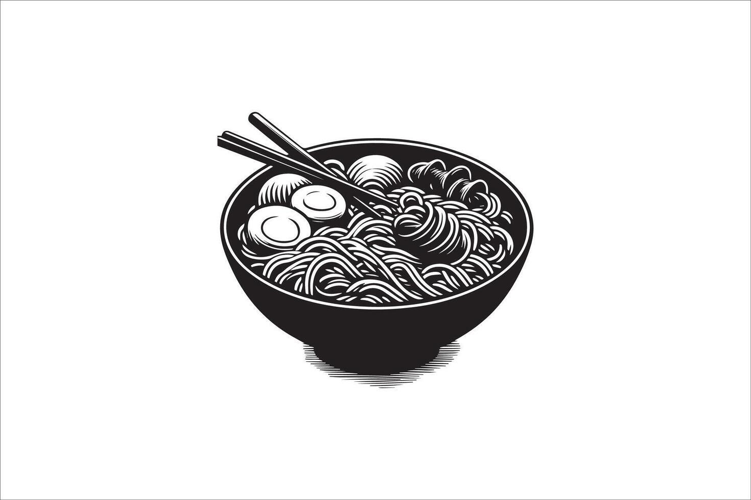 A black and white illustration of noodles and chopsticks vector