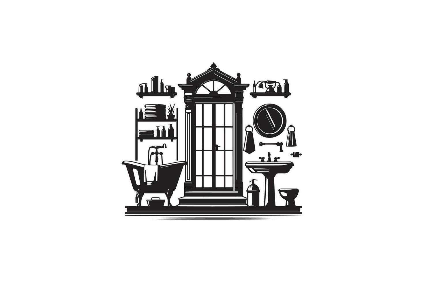 Bathroom icon with door, sink, toilet, mirror, and other items vector