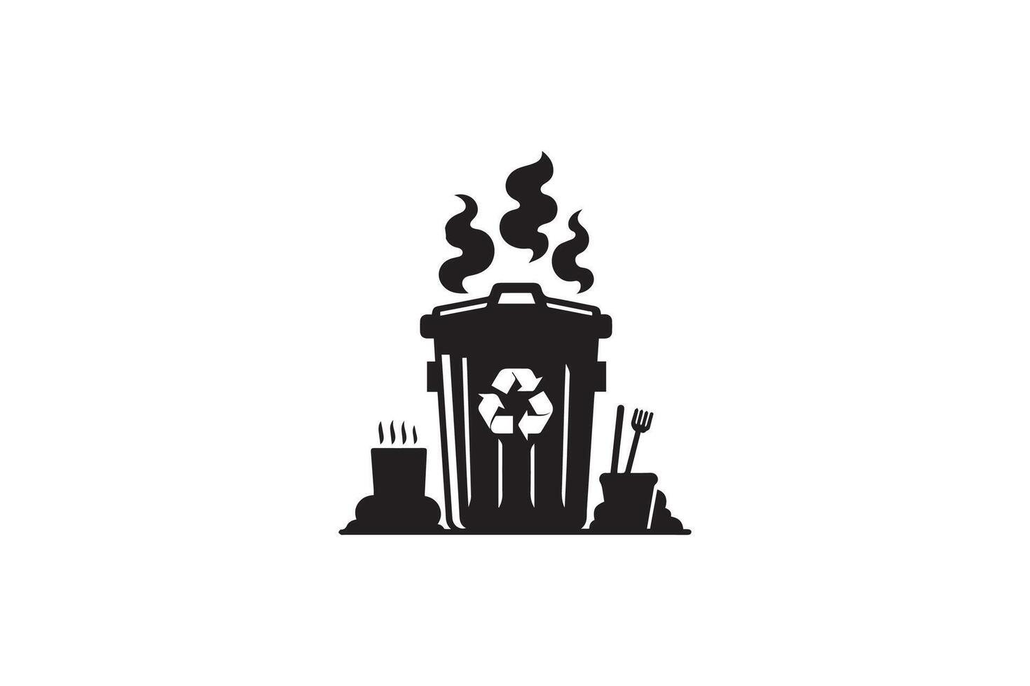 A black and white illustration of a trash can with a fire vector