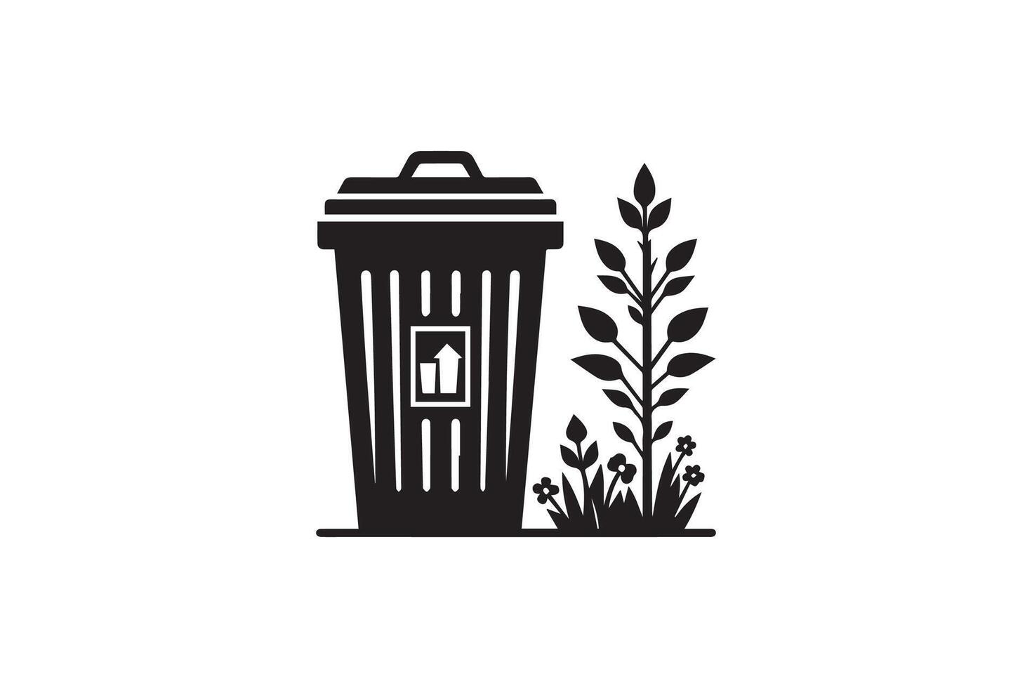 A black and white illustration of a trash can and plant vector