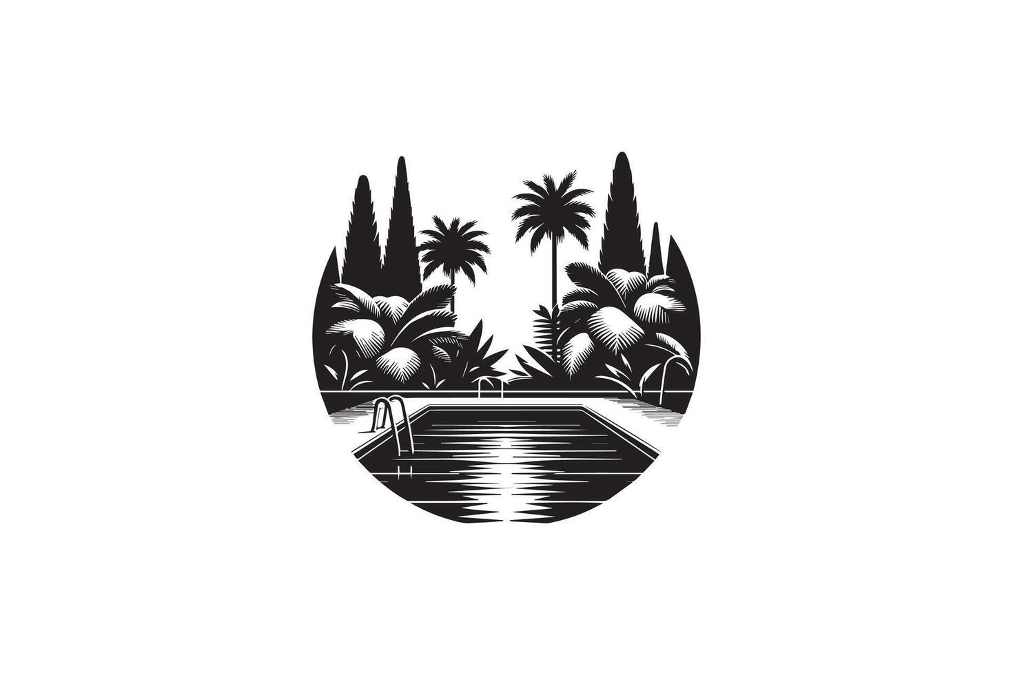 A black and white logo for a pool and palm trees vector