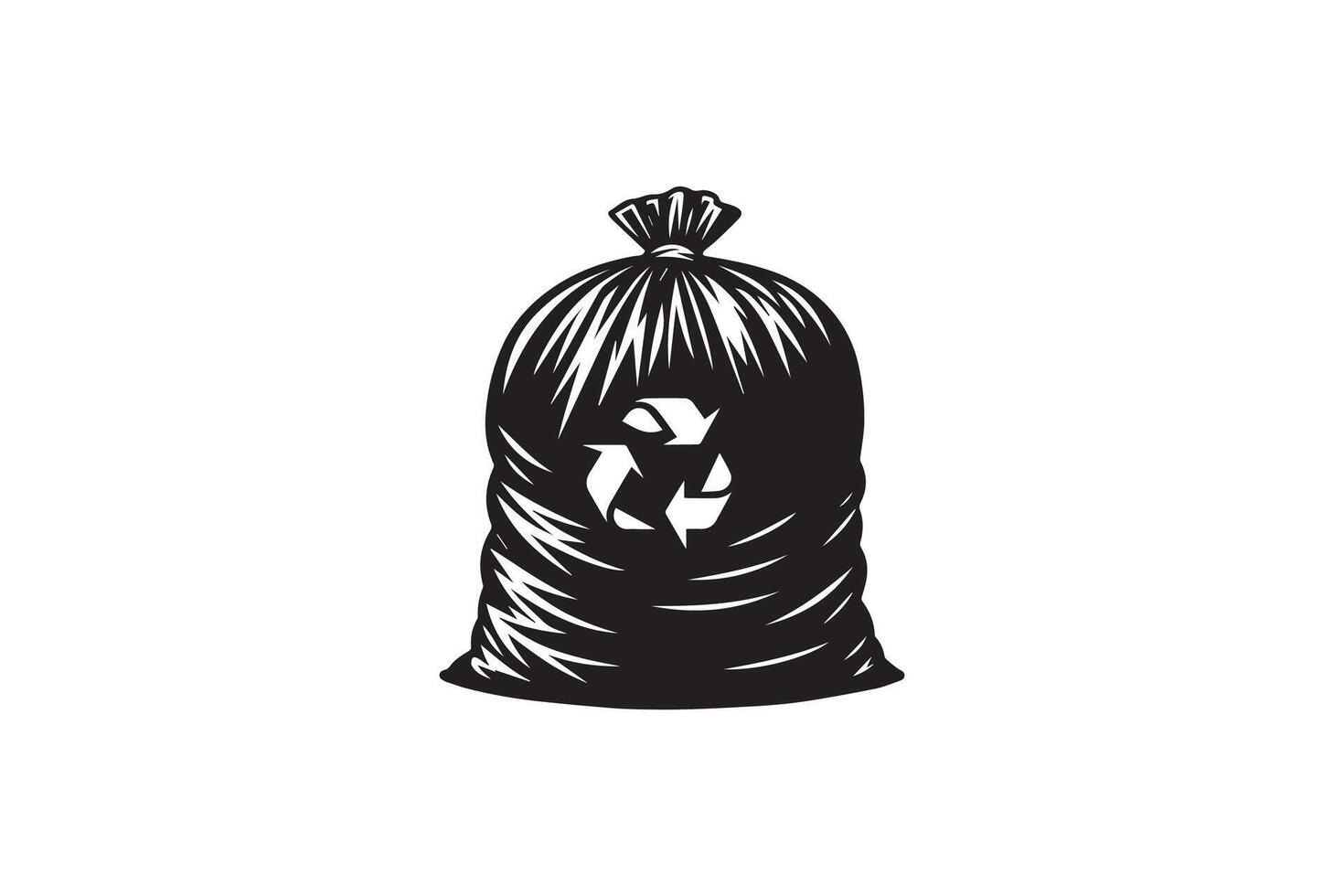 A black and white illustration of a bag with a recycling symbol vector