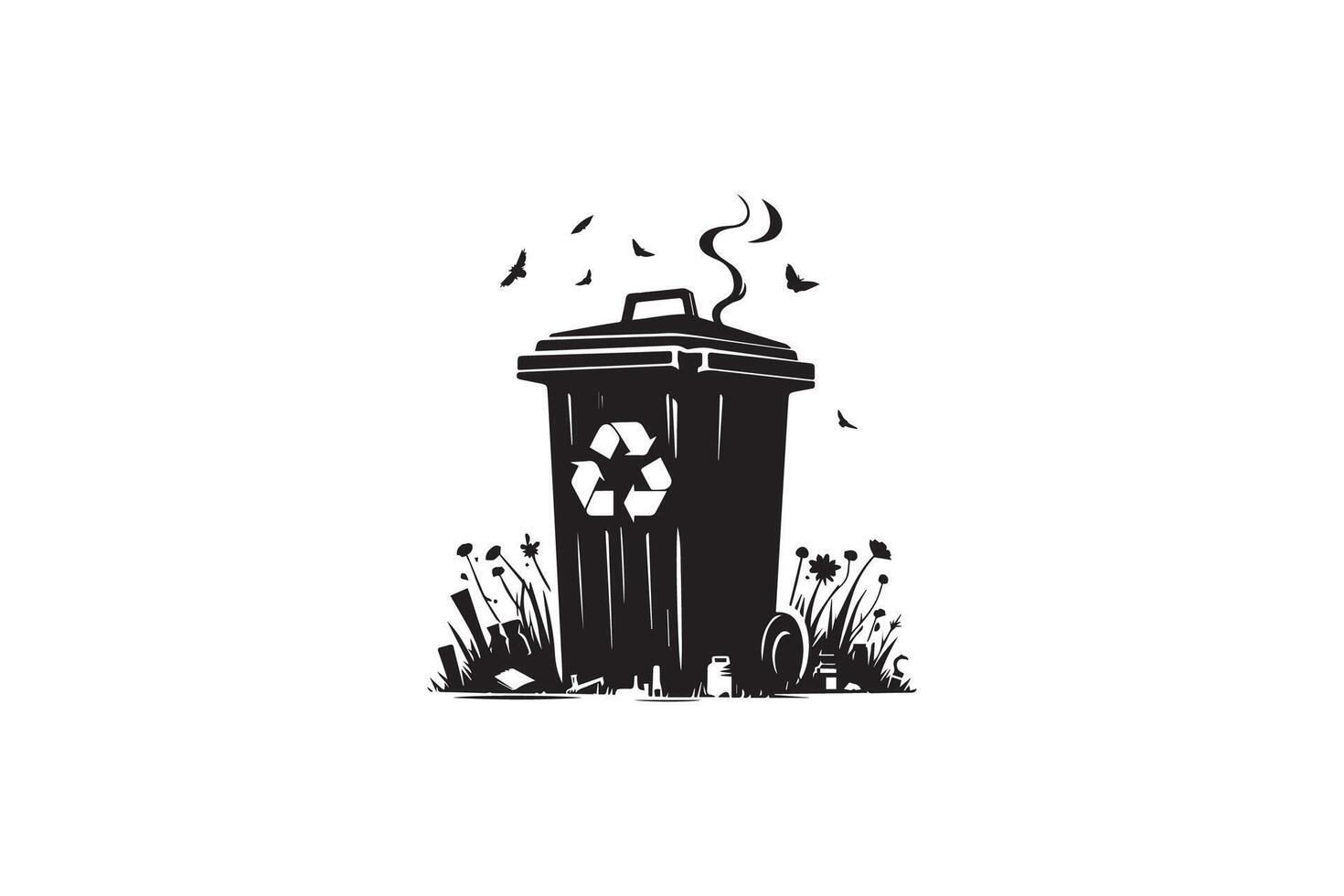 A black and white illustration of a trash can with a recycling symbol vector