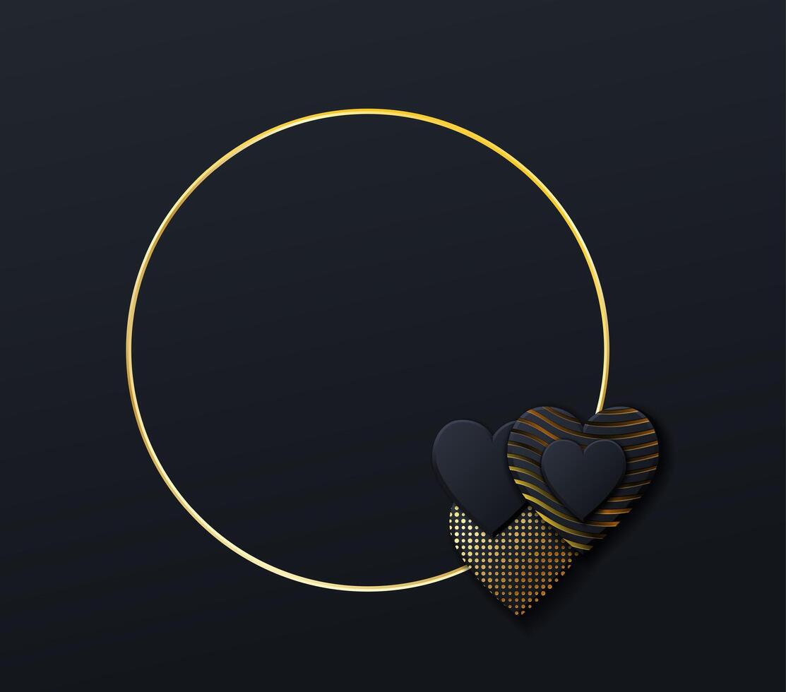 Valentines Day background with black hearts and gold pattern. Gold luxury cover on dark background. vector