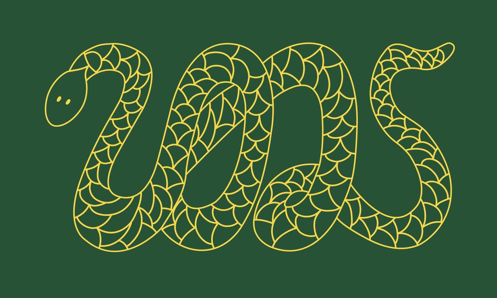 Green wood snake silhouette in form of 2025 with golden transparent ornament. Chinese New Year animal symbol. vector