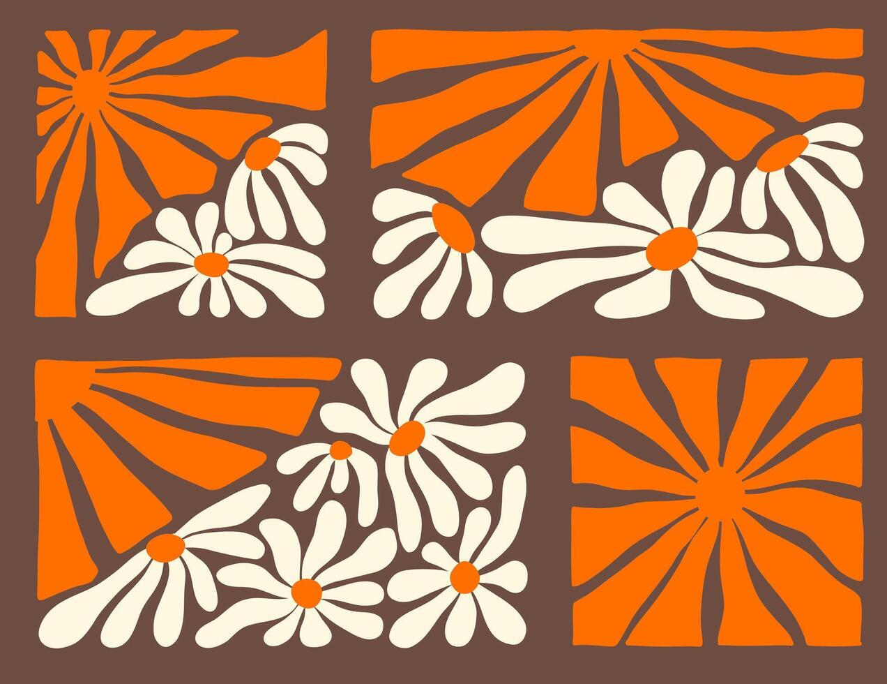 Vibrant 70s wavy patterns with floral elements in orange and cream colors vector