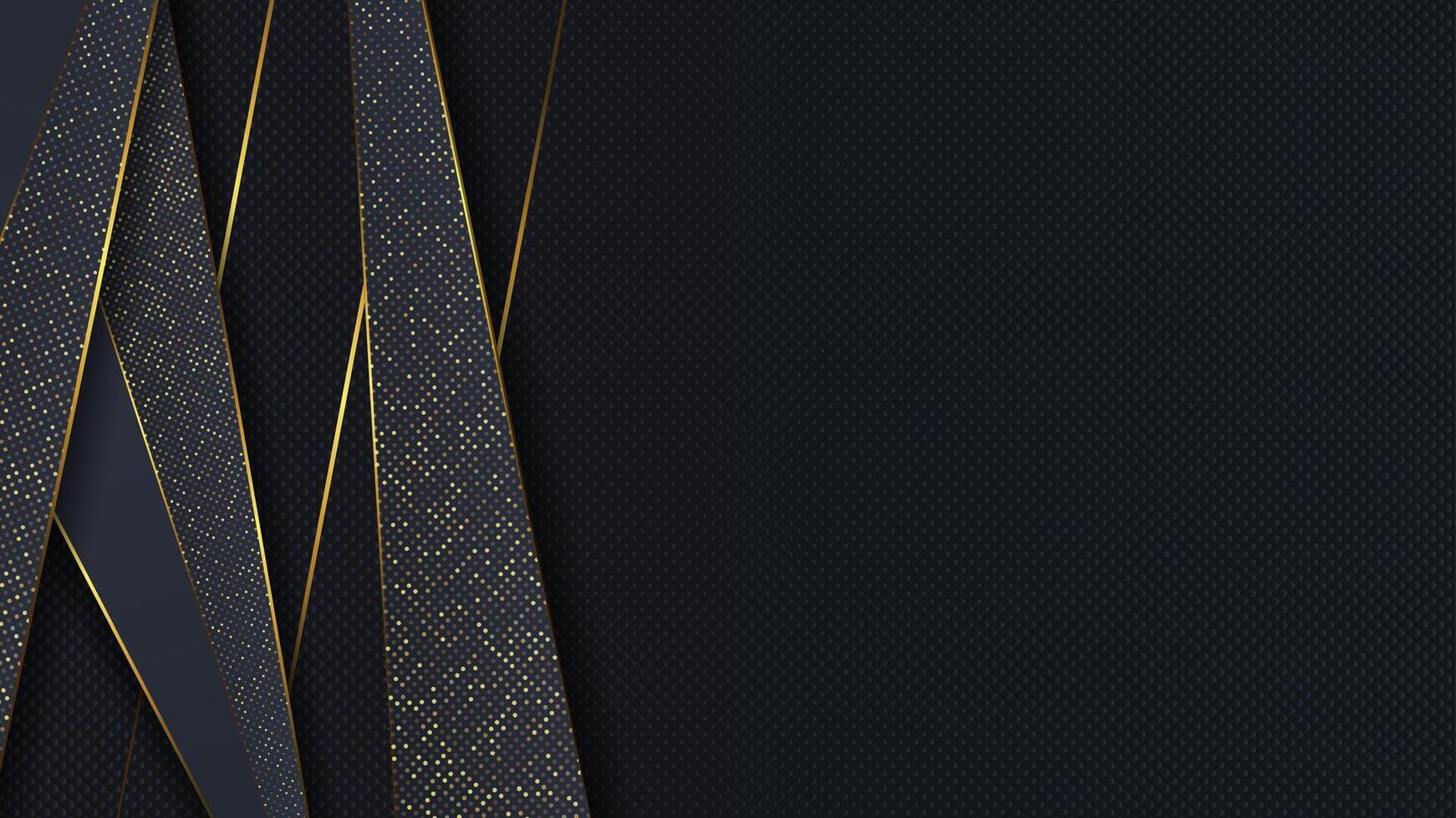 Carbon abstract background with black overlap layers. Texture carbon with luxury golden glitters dots. vector