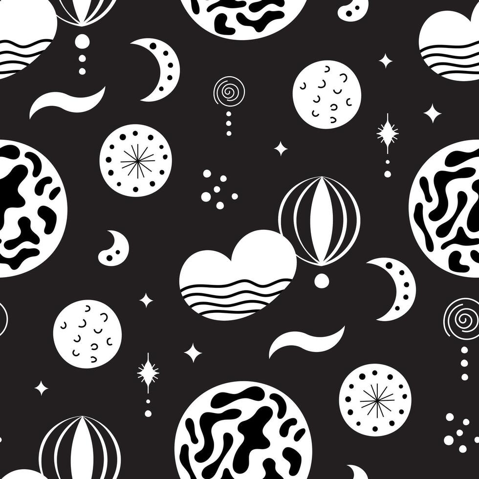 A black and white pattern with a heart and moon vector