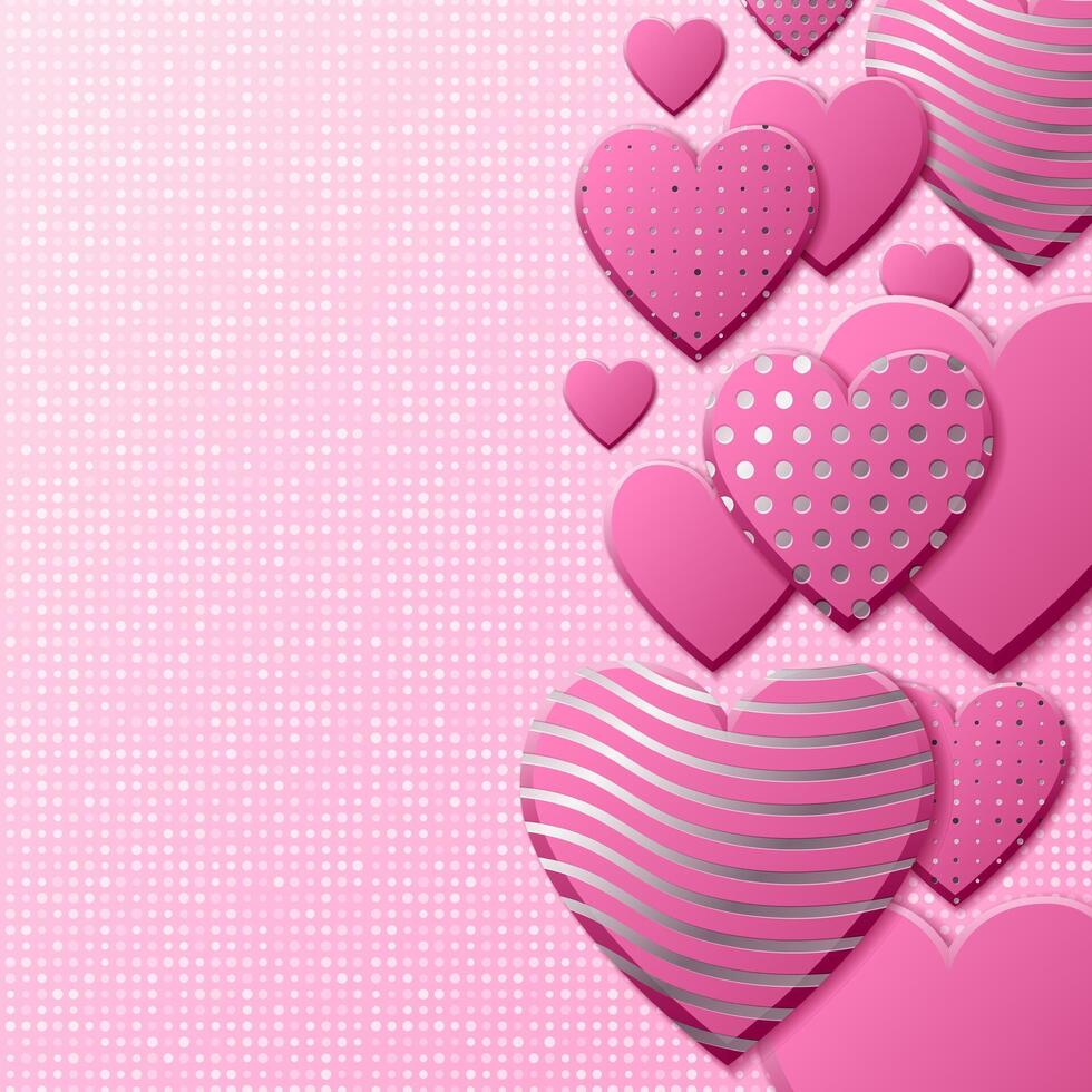 Valentines Day background with pink hearts and silver pattern. Silver luxury cover on roseate background. Pink holidays poster, card, add, header, website, article for valentines day. vector