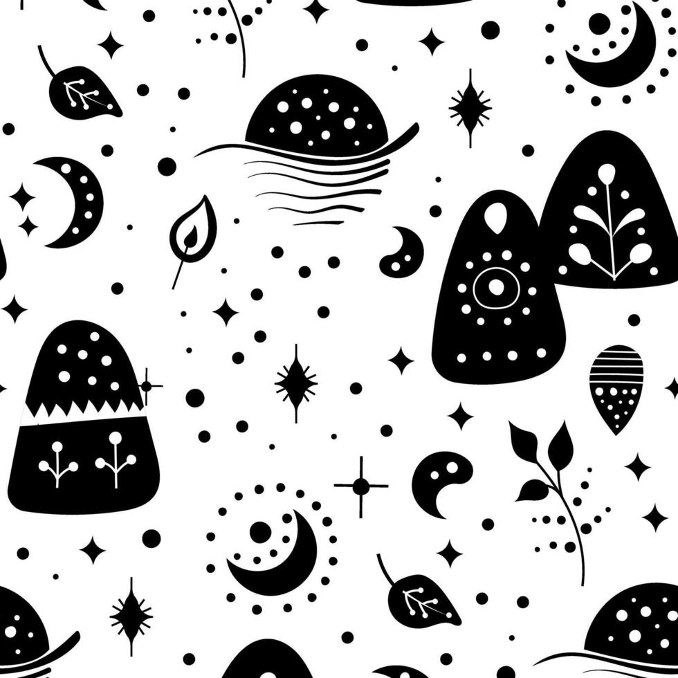A black and white pattern with stars and moon vector