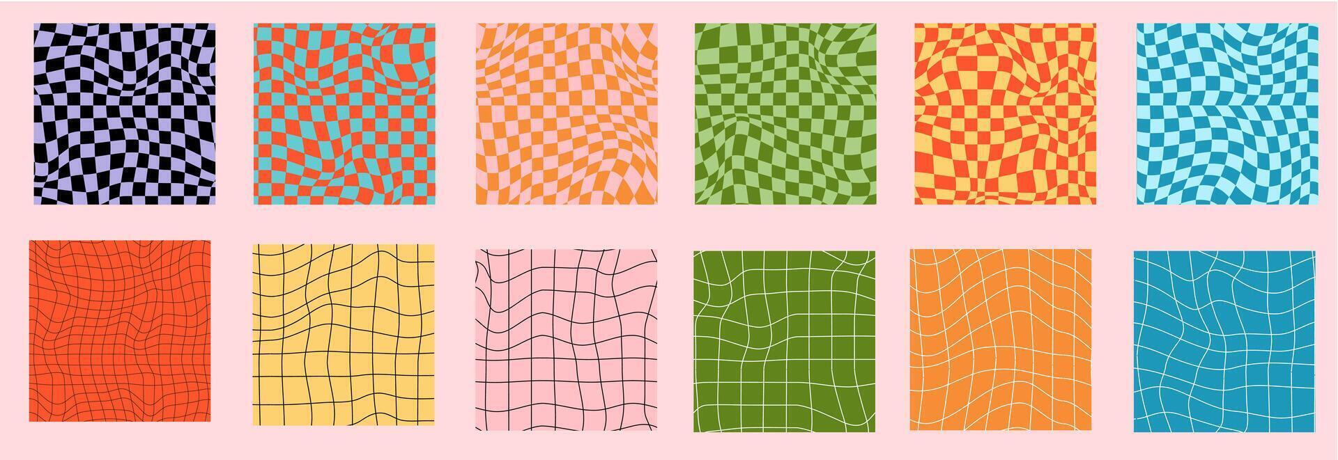 Psychedelic checkerboard background. Wavy illustrations, trendy psychedelic style and groovy color checkerboard vector