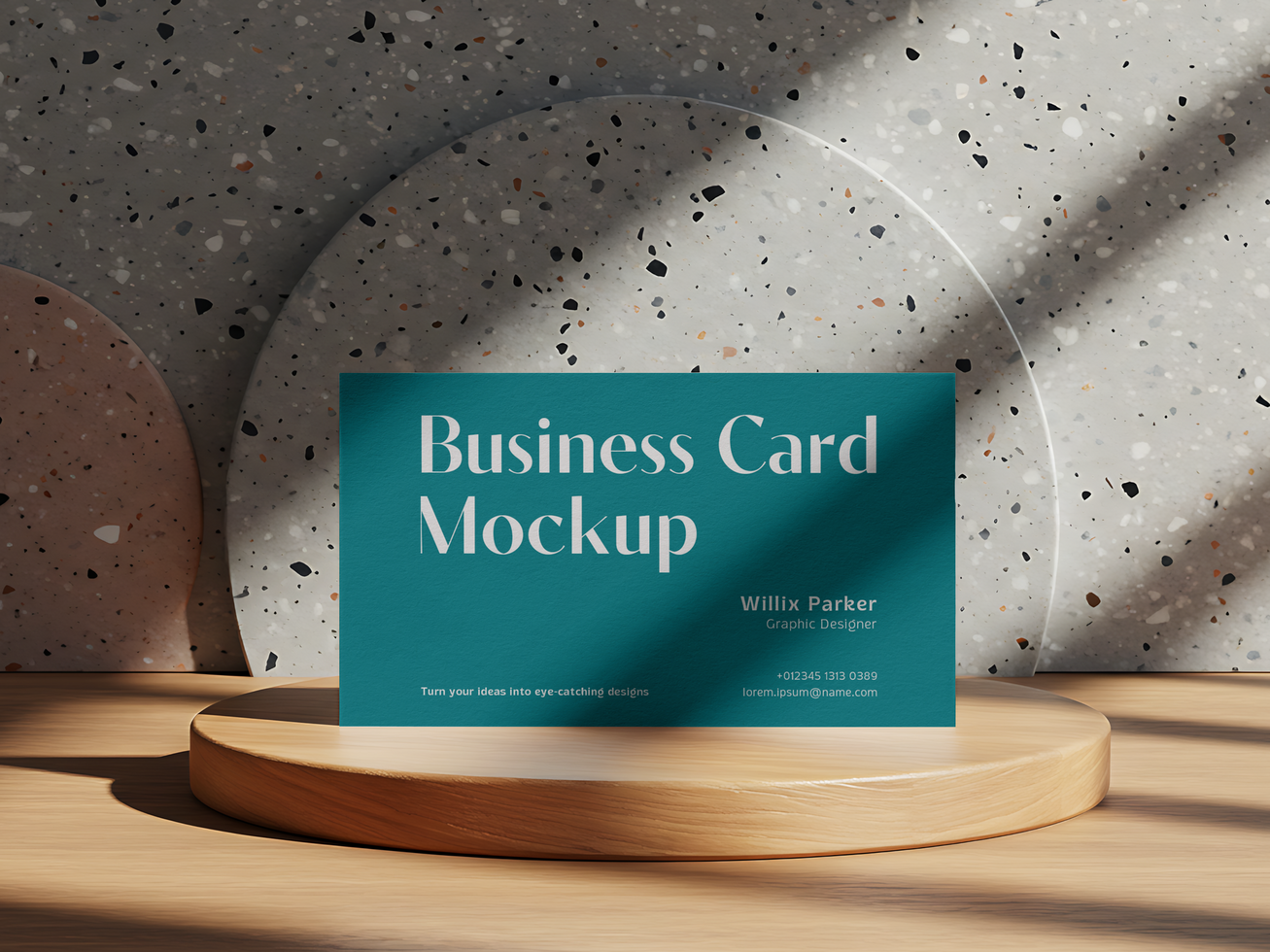 Business Card Mockup on Wooden Display with Terrazzo Background psd