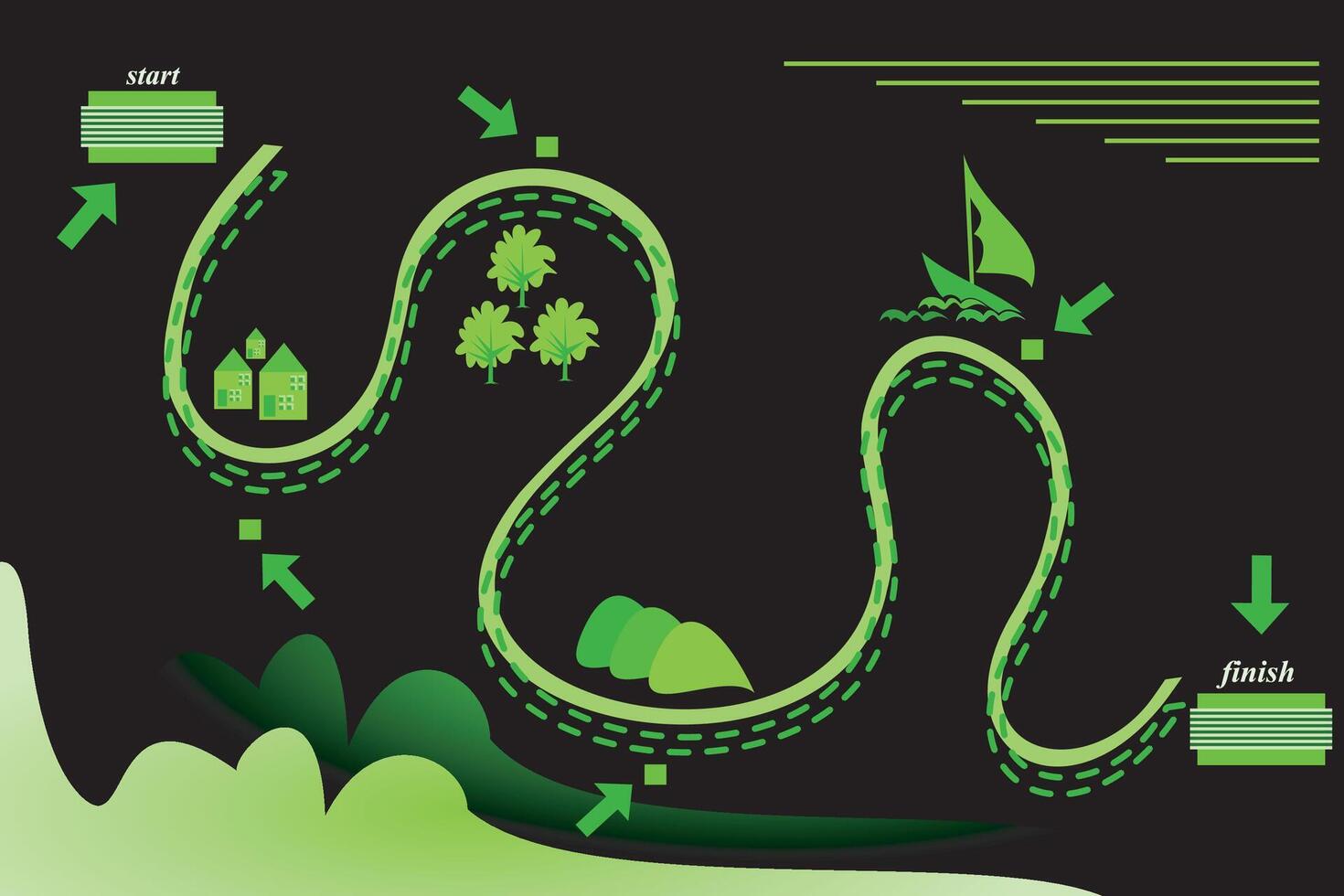 arrow image showing the target stop or rest area for an offroad or expedition or marathon running track on black background vector