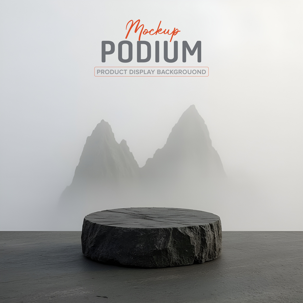 Podium mockup with foggy mountain psd