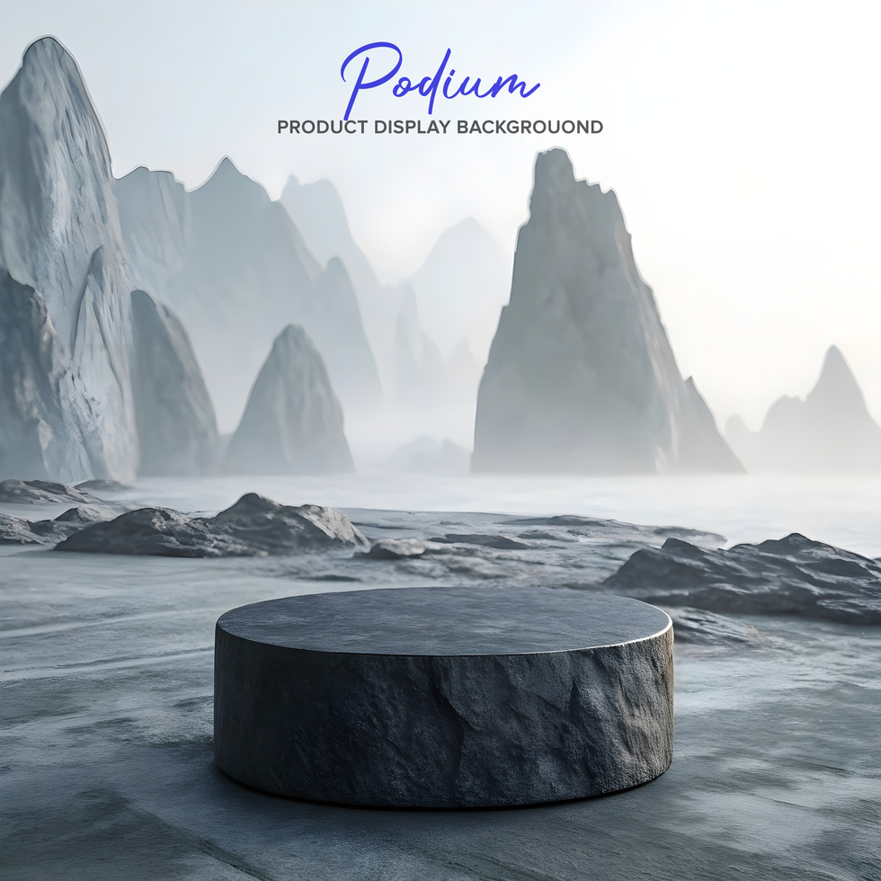 Round stone podium with misty nature psd