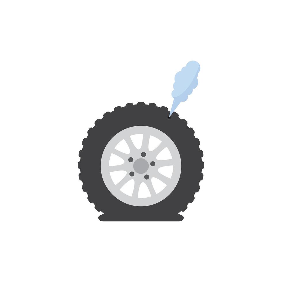 Deflated automobile tire. Punctured wheel of car. Element of Tire service station. Cartoon flat illustration. Comic air and smoke. Accident and repair vector