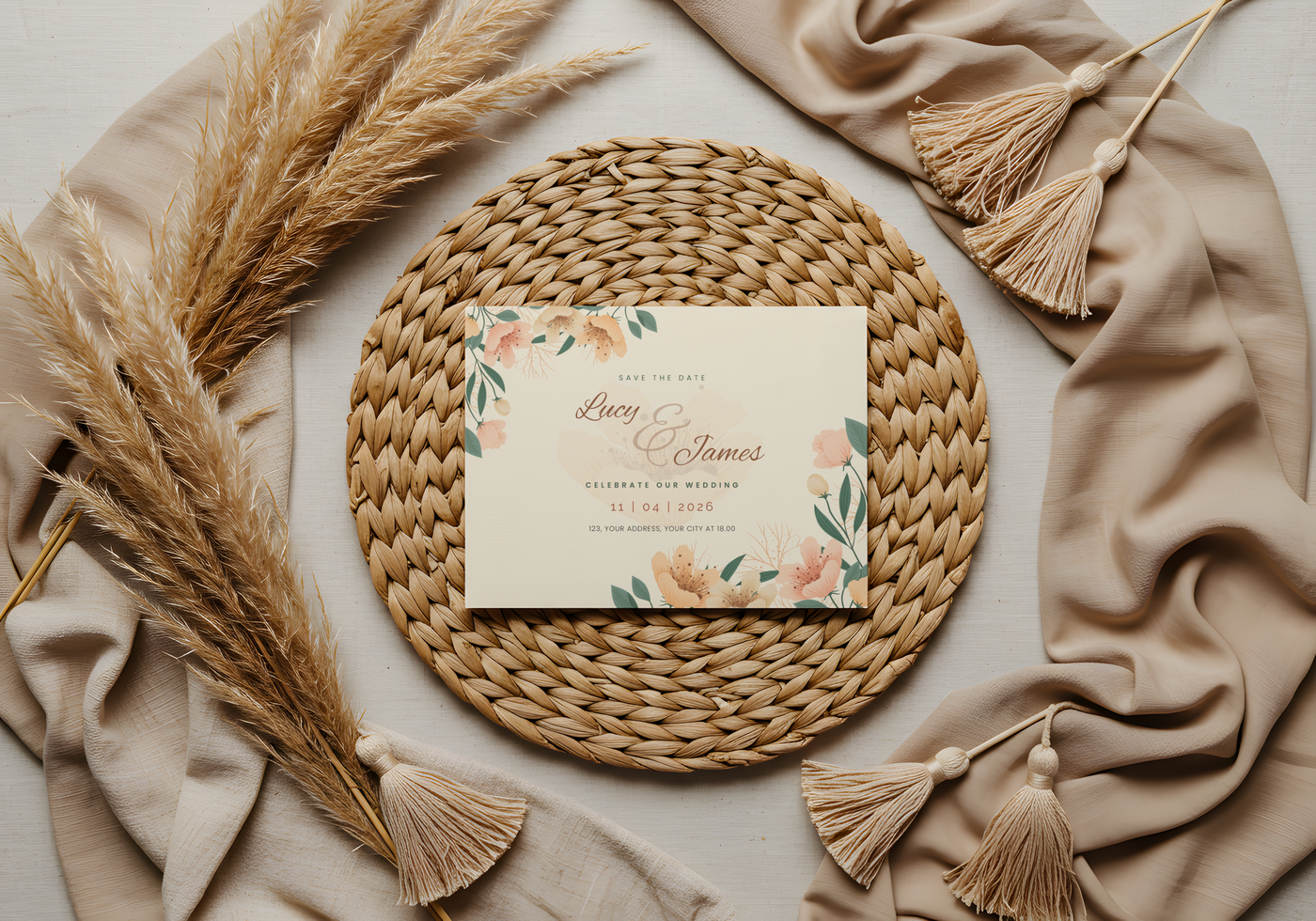 Bohemian Wedding Invitation with Floral Design and Rustic Decor psd