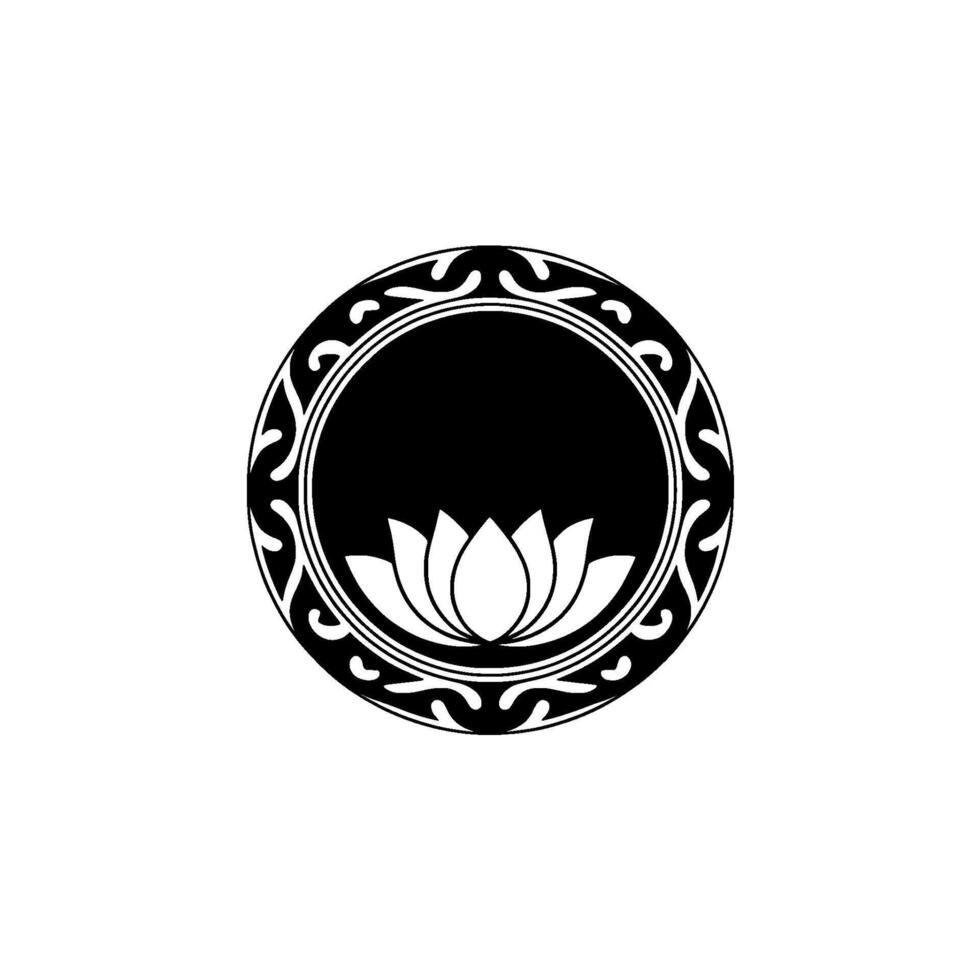Elegant Lotus Floral Circle Frame - Black and White Minimalist. vector
