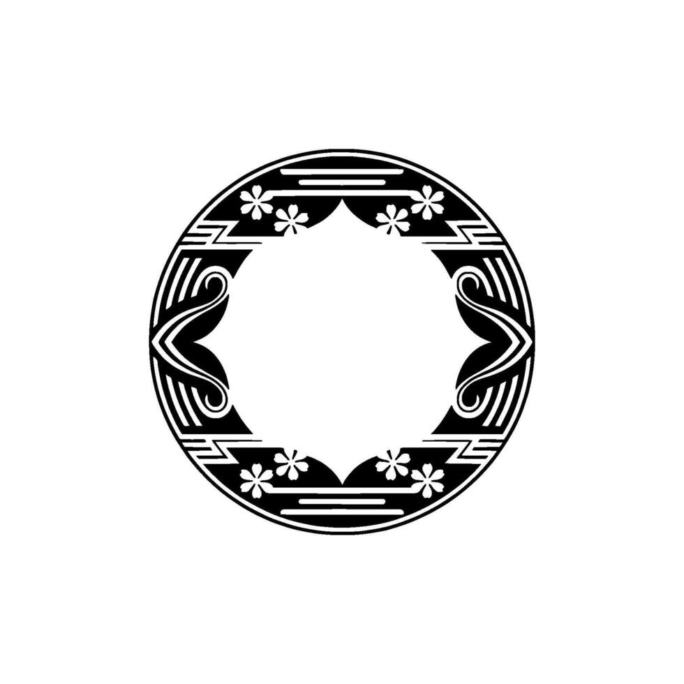 Art Deco Circular Frame with Floral Accents, Monochrome. vector
