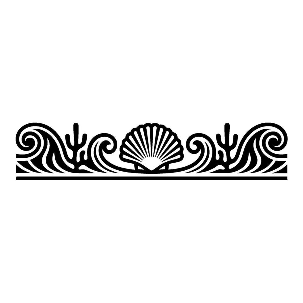 Coastal Border Shells, Waves, and Coral Black and White. vector
