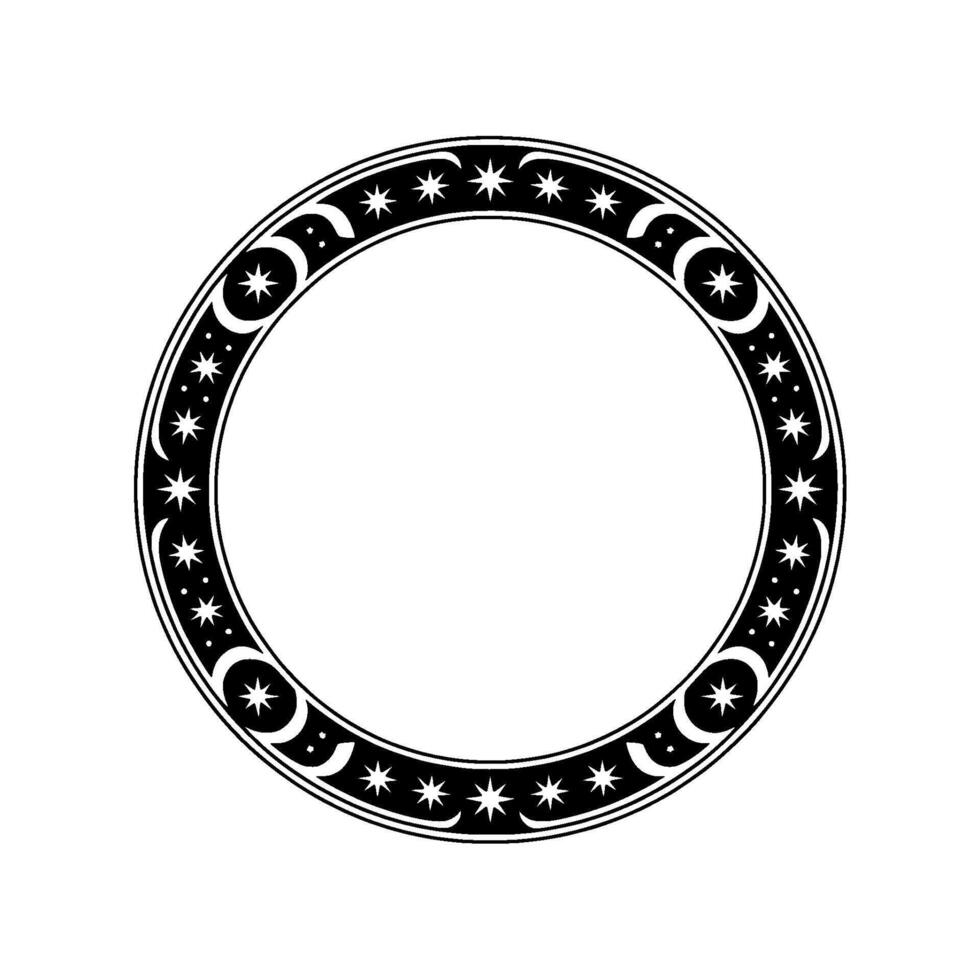 Celestial Circle Ornament Stars Crescent Moon Border on White. vector