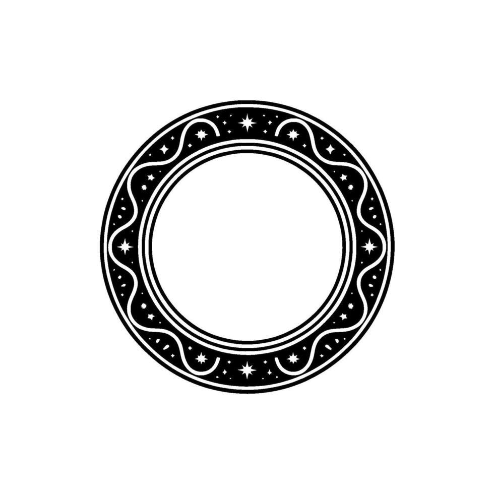 Minimalist Celestial Frame Star Wave Circle Ornament, Black White. vector