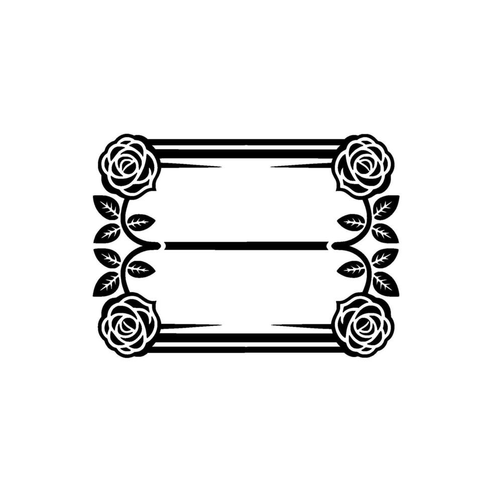 Elegant Floral Frame with Roses and Leaves, Black and White, Minimalist. vector