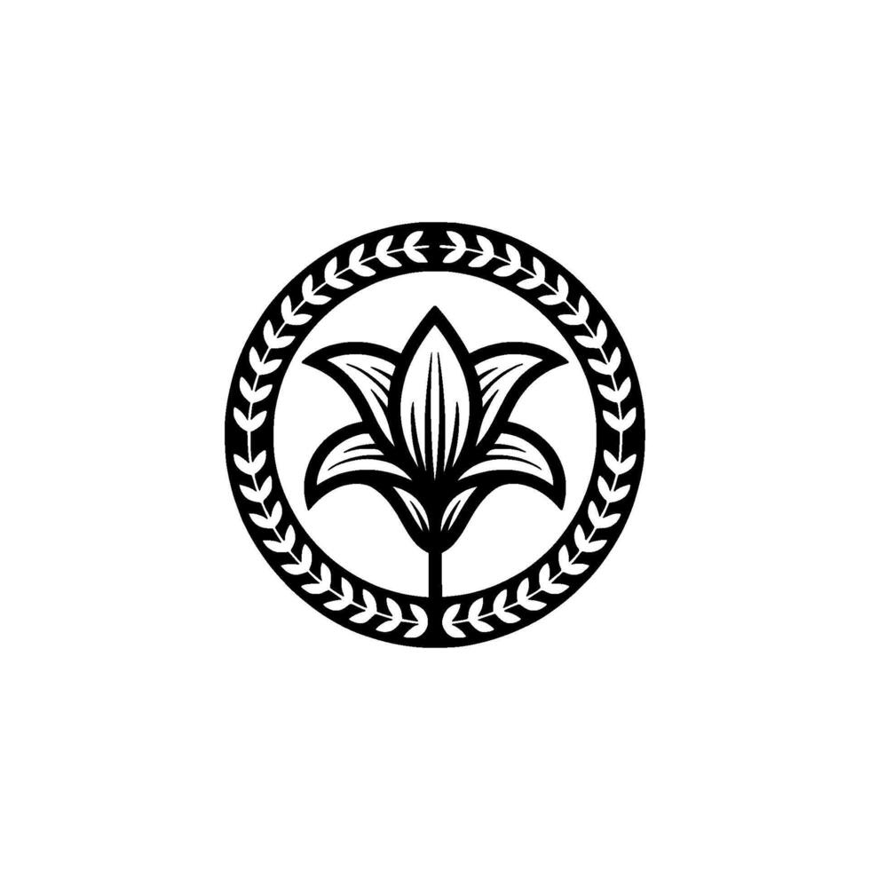 Elegant Black Lily in Laurel Wreath, Minimalist , Emblem. vector