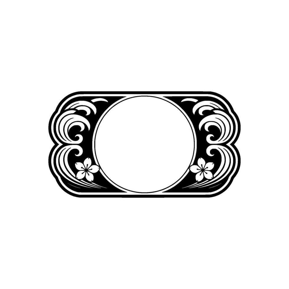 Elegant Floral Frame with Circle Center - Black White. vector