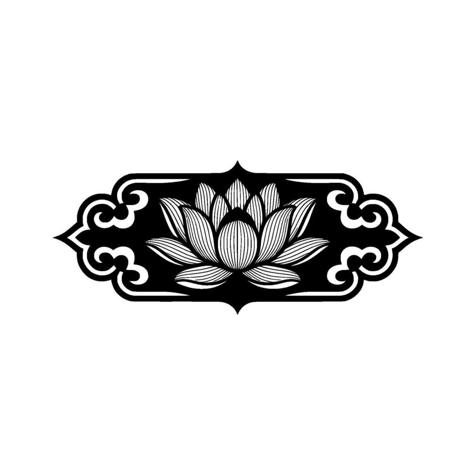 Minimalist Lotus Flower in Decorative Frame, Black and White. vector