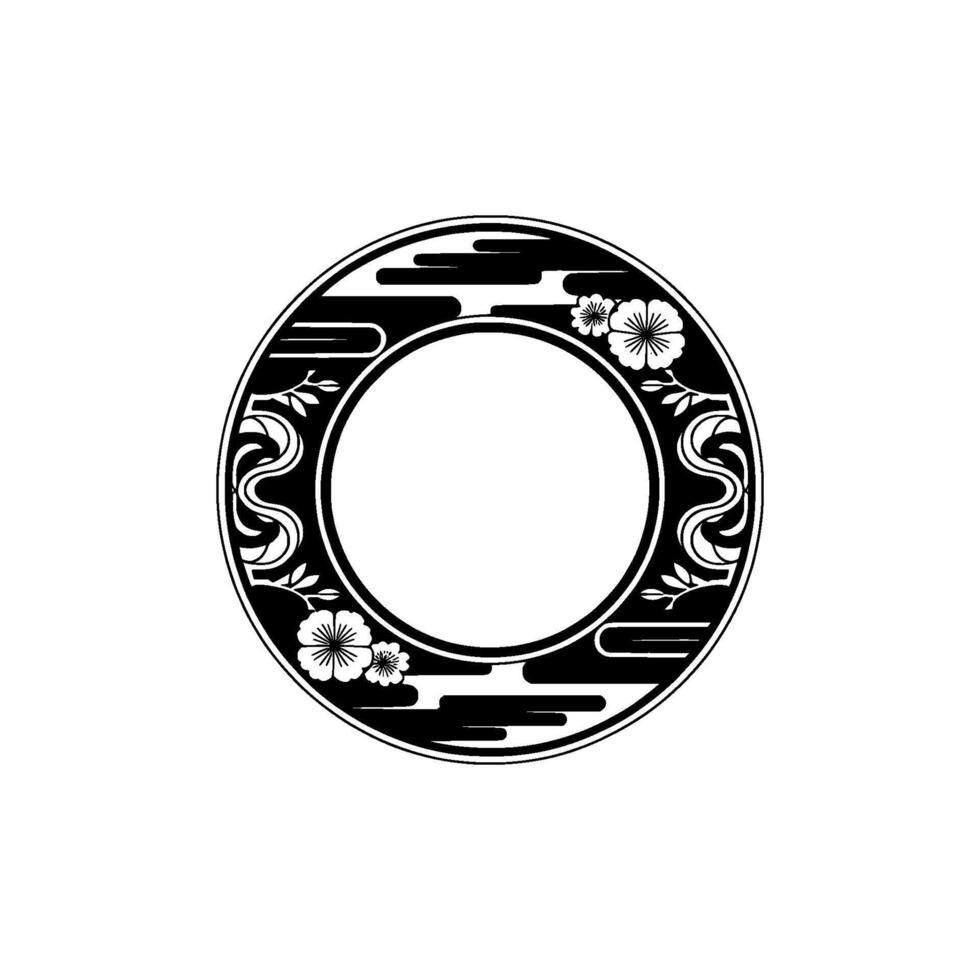 Elegant Japanese Circle Frame with Floral Cloud Elements. vector