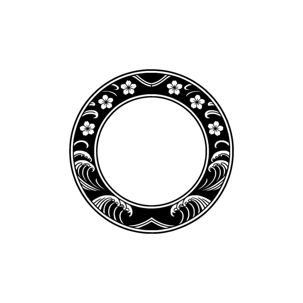 Japanese Crest Floral and Wave Circle , Black and White. vector