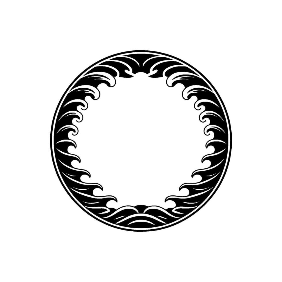 Ornamental Wavy Circle Frame Black and White Element. vector