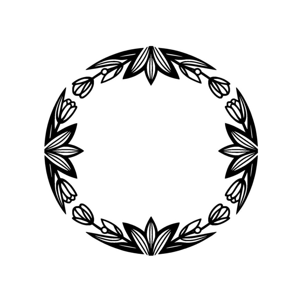Elegant Floral Frame, Black White Tulip Wreath, Circle. vector