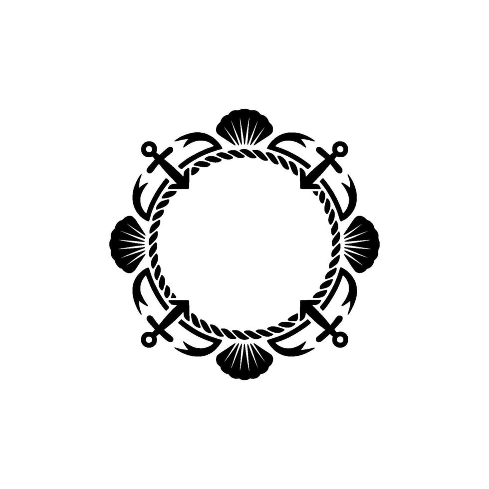 Nautical Circle Frame Anchors, Seashells, Rope - Black White. vector