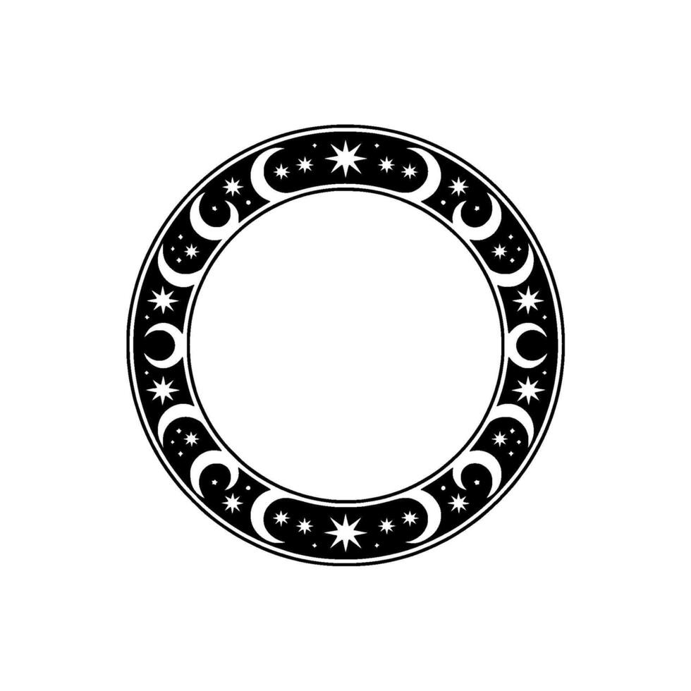 Celestial Frame Black White Moon and Star Circle. vector