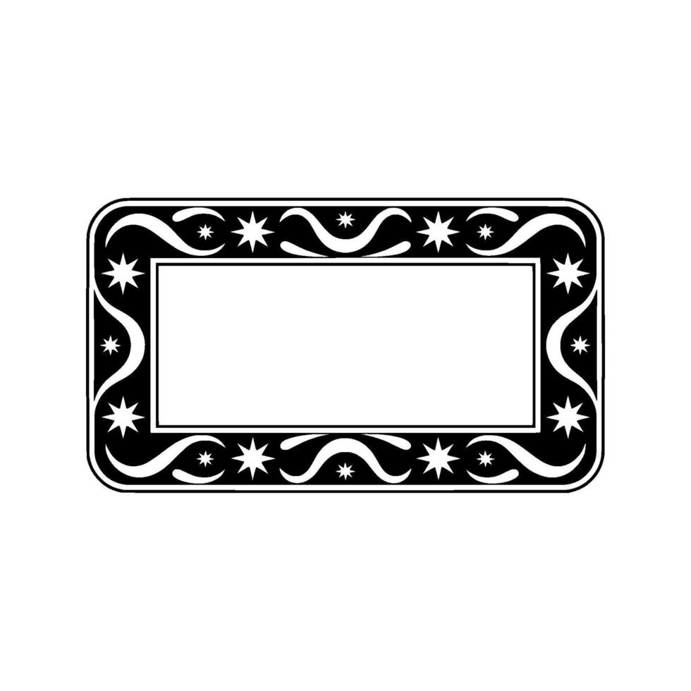 Ornate Black and White Rectangular Frame with Stars and Swirls. vector