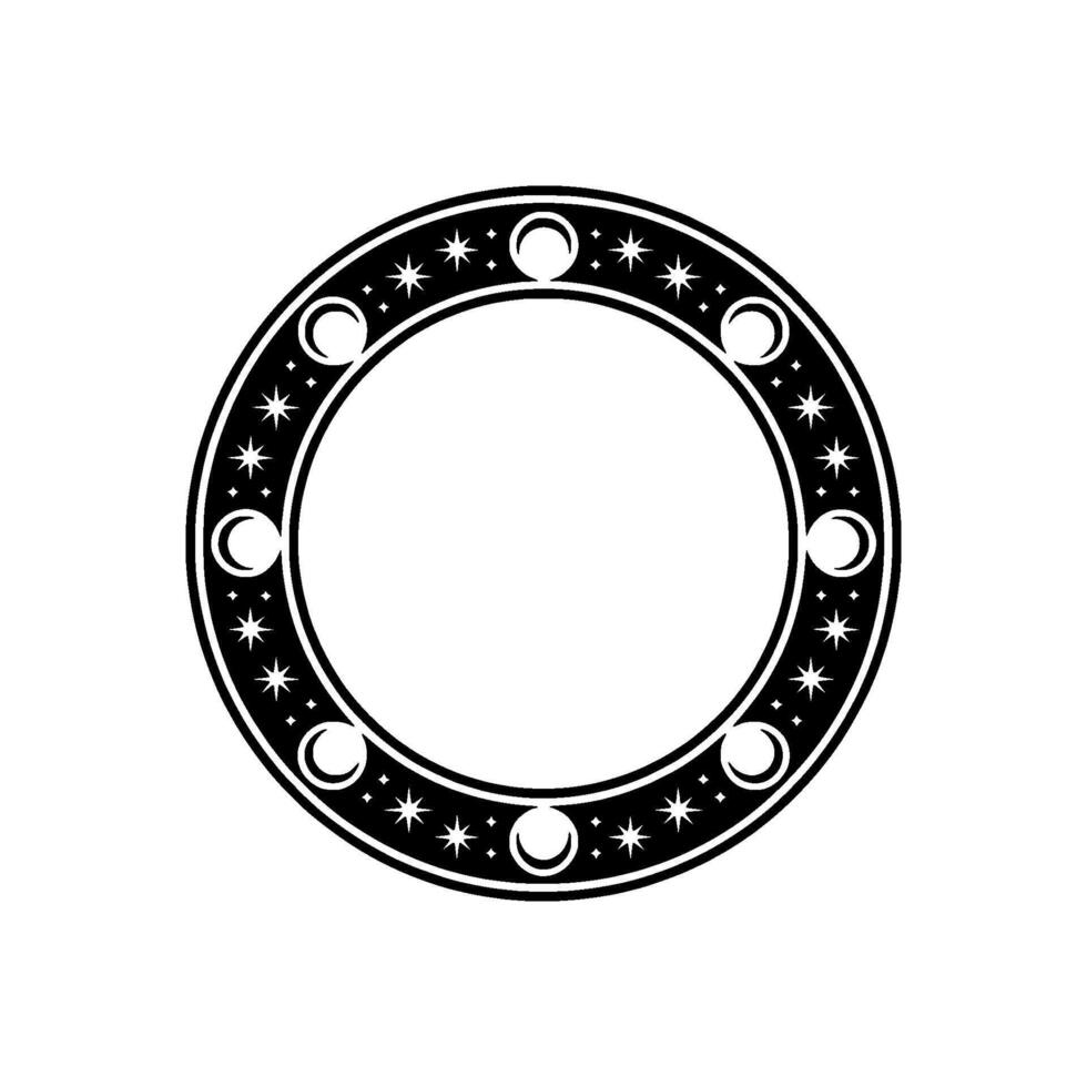 Celestial Circle Frame Black and White Moon Star. vector