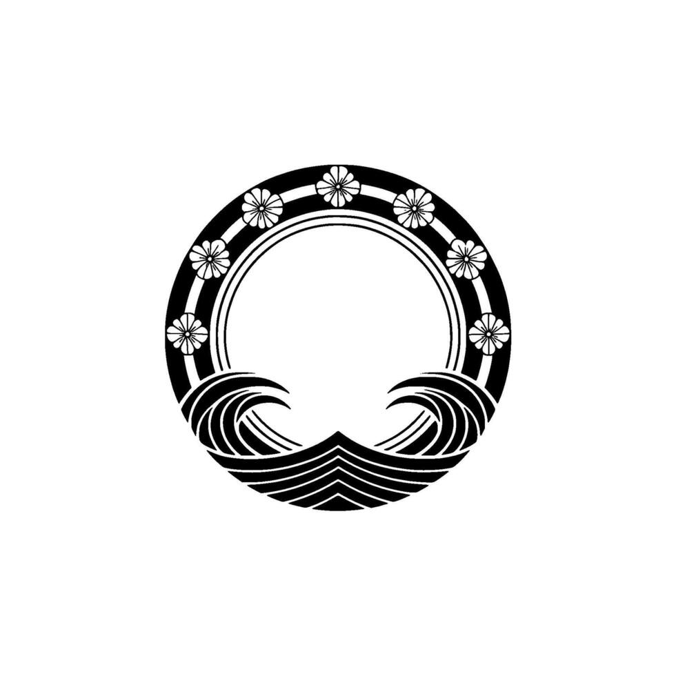 Japanese Crest Floral Waves, Monochrome , Elegant Circle Frame. vector