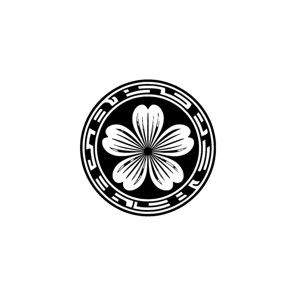 Japanese Blossom Crest Minimalist Black White Emblem on White. vector
