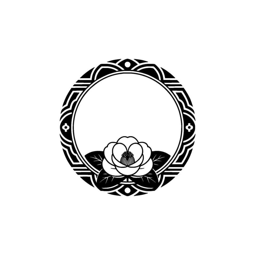 Elegant Japanese Camellia Circle Emblem - Black White. vector