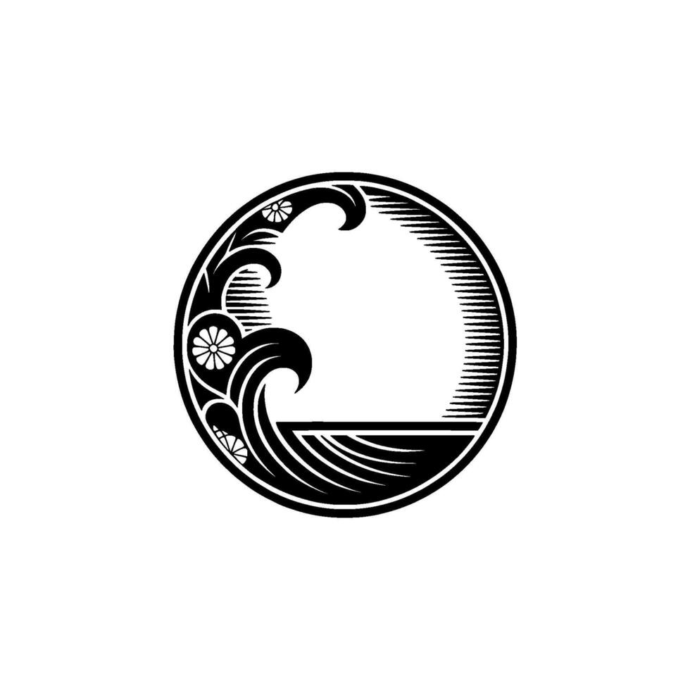 Art Deco Wave Crest Circle , Black and White Floral. vector